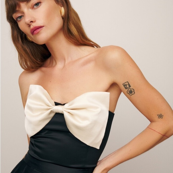Reformation Natalie Satin Silky Bow Ribbon Strapless Tube Cami Top Black Cream - Picture 1 of 8
